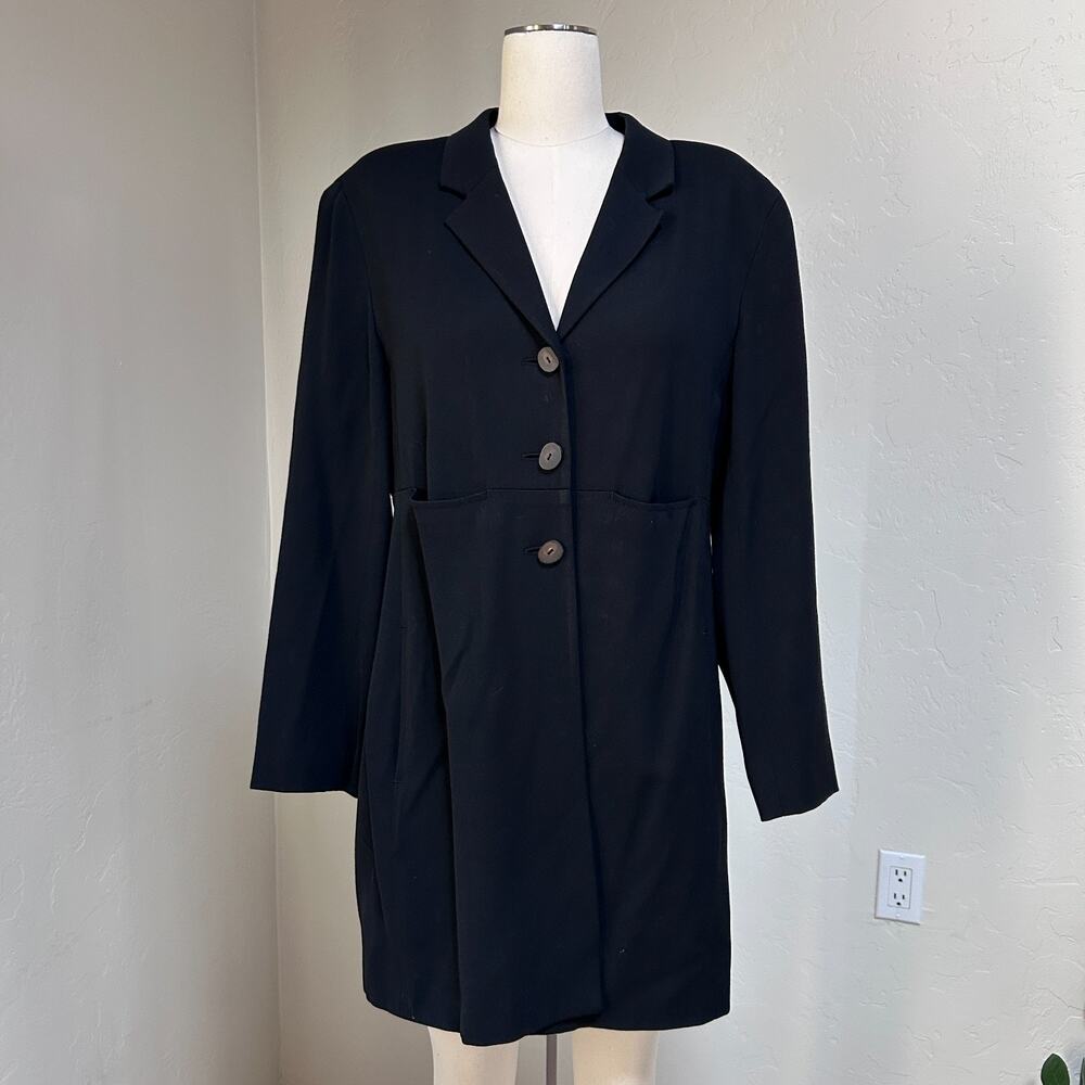 Vintage 90s Black Riding Jacket Wool Equestrian Long Blazer Preppy Minimalist 10